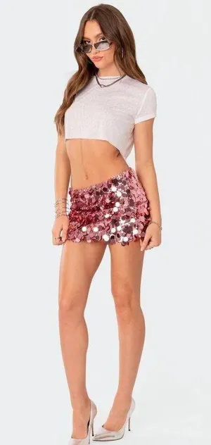 Edikted Sabina Low-Rise Sequin Mini Skirt in Pink. Size XL thumbnail 3