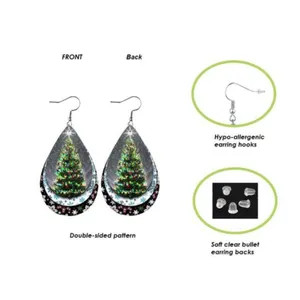 Set of 2 Christmas Teardrop Reversible PU Leather Hook Earrings C5, New! thumbnail 3