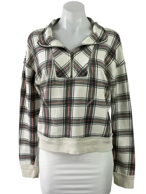 Free People Why Not Ivory Black Plaid Quarter Zip Pullover Sweater Sweatshirt S thumbnail 1