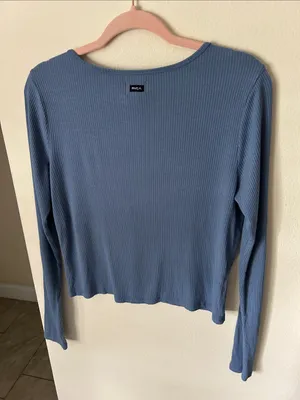 RVCA blue ribbed tie front long sleeve top L Y2K school casual thumbnail 5
