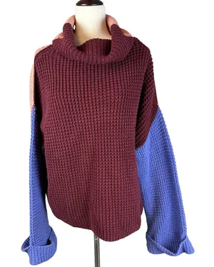 Free People Colorblock Park City Pullover Sweater Size M Waffle Knit Cowl Neck‎ thumbnail 1
