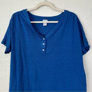 Chico’s 100% Linen Blue Stretch Henley Short Sleeves Tee, Sz Large thumbnail 3