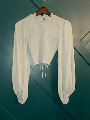 Petal & Pup White Smocked Ruffle-Neck Crop Top with Bishop Sleeves thumbnail 1