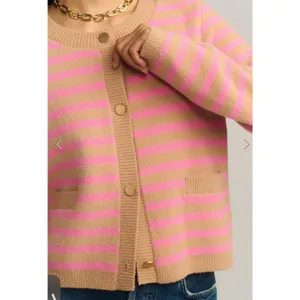 NVLT Anthropologie Striped Cardigan Sweater Lady Jacket Pink Tan Large Preppy thumbnail 3