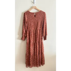 Bohme Rust Smocked‎ Midi Dress Floral Fall Tiered Size Small Boho Casual thumbnail 4