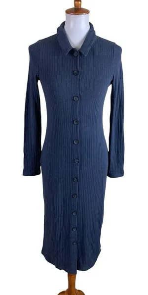 Madewell‎ Ribbed Knit Button Front Midi Dress Long Sleeve Blue Small thumbnail 1