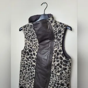 Elaine Kim Fur and Leather Vest Zip Biker Lagenlook Animal Print Size Large thumbnail 7
