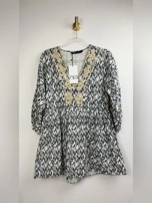Zara NWT Linen Cotton Blend Long Sleeve V-Neck Dress with Gold Embroidery SZ XS thumbnail 2