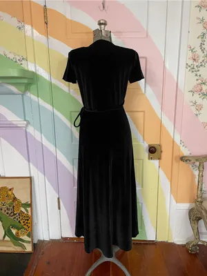 BHLDN Thrive Black Velvet Wrap Flutter Sleeve Midi Dress Sz S 🧡🎀 thumbnail 7