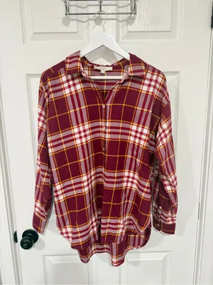 LOFT Burgundy Plaid Button Down Shirt M Cotton Fall Preppy Academia thumbnail 6