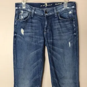 7 for all mankind distressed medium wash bootcut denim long denim jeans size 28‎ thumbnail 2