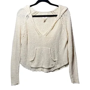Billabong Womens Cream Knit Hooded Sweater V-Neck Cropped Pullover M Hoodie thumbnail 1