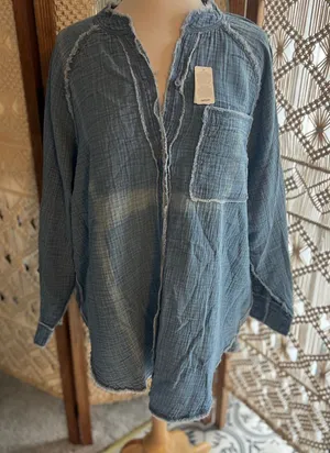 Aerie Chambray Mineral Wash Tunic Length Button-Up Shirt thumbnail 1