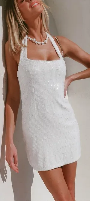 NEW NWOT Show Me Your Mumu Samba Halter Sequin Mini Dress In White thumbnail 1