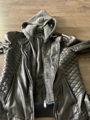 Women’s Mo-Ka Hooded Faux Leather Black Bomber Jacket, Size Small thumbnail 5