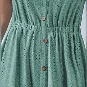 Women's Sleeveless Button Midi Dress Textured Eyelet Elastic Waist scoop Neck thumbnail 5