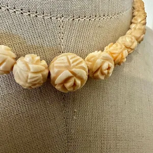 Vintage Hand-Carved Bone Bead Necklace with Floral Detail thumbnail 6