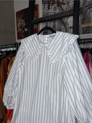 Ganni Blue White Stripe Balloon Sleeve Mini Dress Peter Pan Collar EU 38 US 6 thumbnail 5