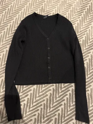 Brandy Melville Black Ribbed V-Neck Button-Front Cardigan thumbnail 2