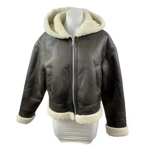Stradivarius Women's Brown Fleece Sherpa Hoodie Full Zip Faux Leather Jacket L thumbnail 1