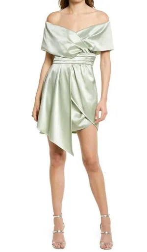 NWT LULUS always celebrating SAGE GREEN SATIN OFF SHOULDER MINI DRESS thumbnail 2
