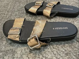 Divided Metallic Gold Double Buckle Slide Sandals thumbnail 2