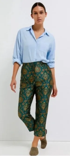 Anthropologie Maeve Melyssa Floral Jacquard Metallic Green Trousers thumbnail 1