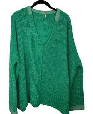 Free People Take Over Me Sweater XS/S Green V-Neck Oversized Woven Pullover thumbnail 1