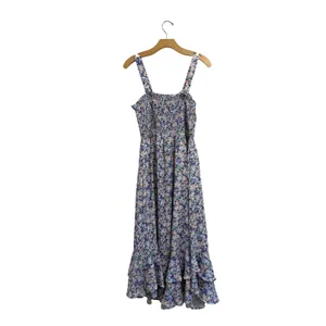 Grace Karin Floral Smocked Midi Dress Purple Blue Ruffle High Low Hem Large thumbnail 3