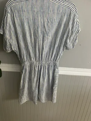 Blue White Stripe Lined Blend Button Down Shirt Short Romper Jumpsuit thumbnail 11