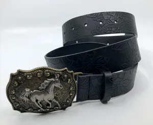 Women's Black Embossed Western Horse Buckle Belt, 28.5–39.5 Inches, X7G9A1018 thumbnail 1