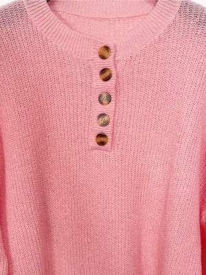 Amazon Coral Pink Oversized Henley Button Pullover Knit Sweater thumbnail 4