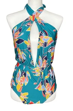 ModCloth Swimsuit Women’s Medium Teal Floral One Piece Bethany Halter Retro thumbnail 1