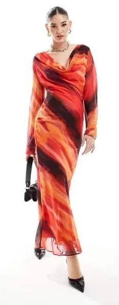 NWT ASOS Design Red Marble Printed Cowl-Neck Maxi Dress Size 0 thumbnail 1