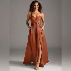 Azazie Alia bridesmaid gown NWT A6 Cedar Rose A-line Pleated Stretch Satin Dress thumbnail 5