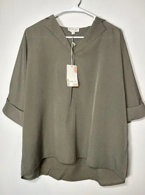 BEFORE YOU Short Sleeve V-Neck Collared Blouse‎ Olive Green NWT Lagenlook Medium thumbnail 1