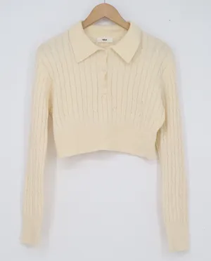 uni+e Cream Cable Knit Cropped Polo Sweater Long Sleeve Cotton Blend Korea thumbnail 1