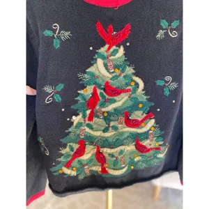 Vintage Heirloom Collectible Embroidered Christmas Tree Sweater Cardinal Festive thumbnail 4
