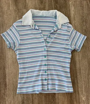 Vintage Y2K striped button front collared shirt sleeve top blue pink small thumbnail 1
