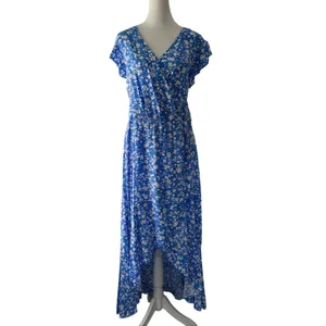 Grecerelle Blue & White Floral Print V-Neck Short Sleeve High Low Maxi Dress thumbnail 5