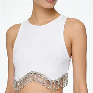 White Ribbed Rhinestone fringe Tank Top Medium Vital Life thumbnail 1