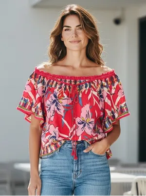 Flying Tomato Pink Floral Off-Shoulder Peasant Top Size M thumbnail 1