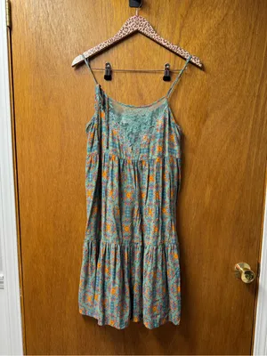 Natural Life Sleeveless Lace Inset Tiered Mini Dress Floral Teal Orange Medium thumbnail 12
