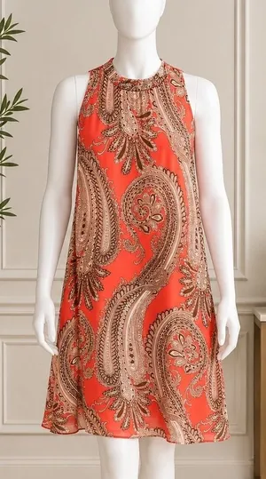 Everly Women Dress Paisley Print Orange Brown Sleeveless Shift Small thumbnail 1