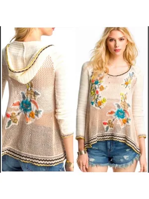 Women's Free People Floral Crochet Hooded Sweater Size S Beige Multicolor thumbnail 2