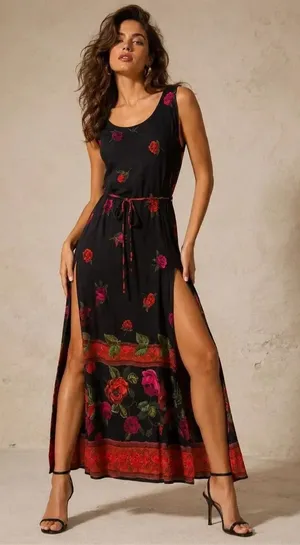 Vintage Nina Piccalino Size 6 Black Rose Floral Rayon Maxi Dress Slits Made in U thumbnail 1