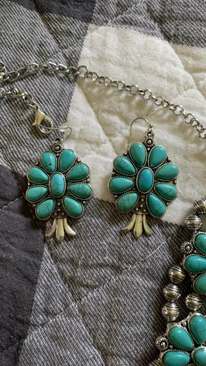 Western Turquoise Squash Blossom Earring And Necklace Set thumbnail 4