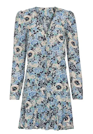 Veronica Beard 14 Riggins‎ Dress Mini Shift Blue Silk Floral V Neck Long Sleeves thumbnail 1