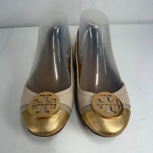 Tory Burch Minnie Womens 8.5 Cap Toe Logo Beige Gold Ballet Flat Slip On Shoe thumbnail 2