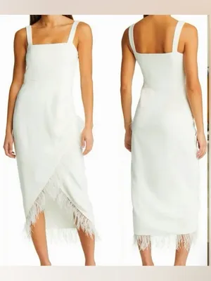 Saylor Caylin Sleeveless Feather Trim Hem Midi Dress White Small Bridal Wedding thumbnail 2